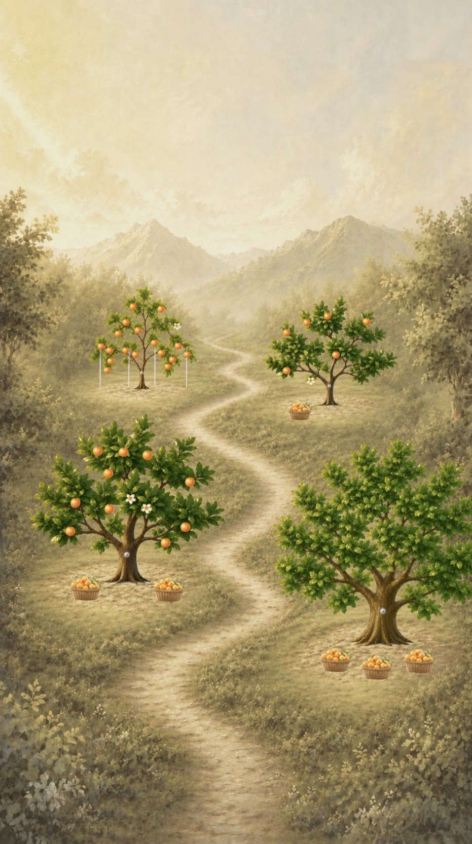 Four orange trees at different ages along a winding orchard path: one young and staked, one fruiting with a basket, one in blossom with two baskets, and one mature beside three full baskets