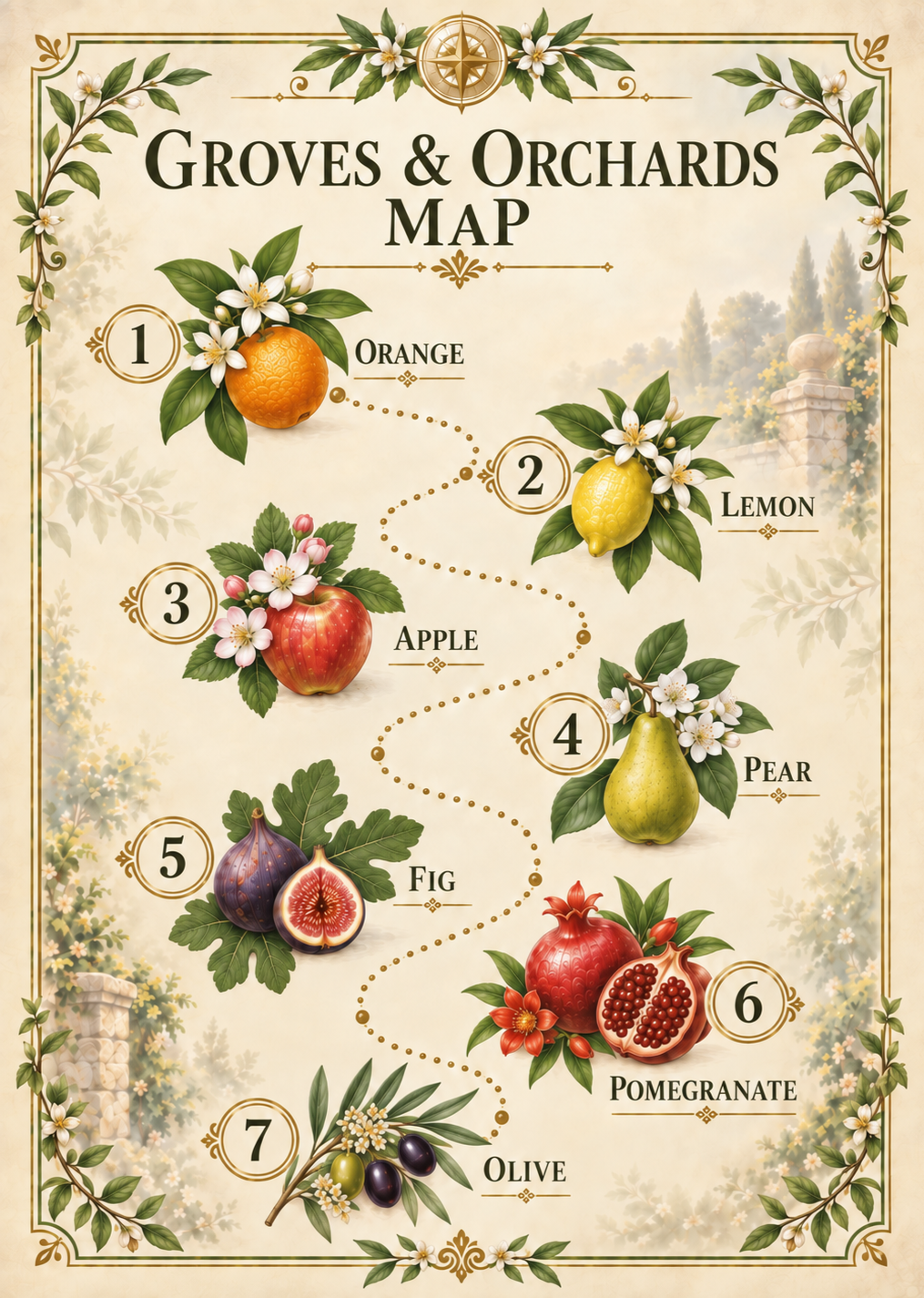 A watercolor map of the groves and orchards along the way