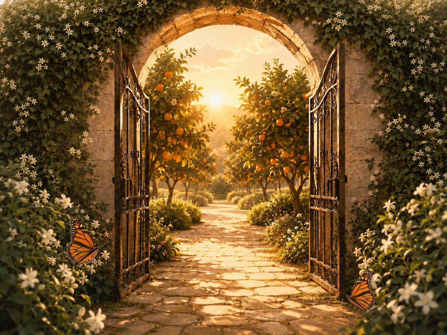An open garden gate at golden hour, leading into an orchard path